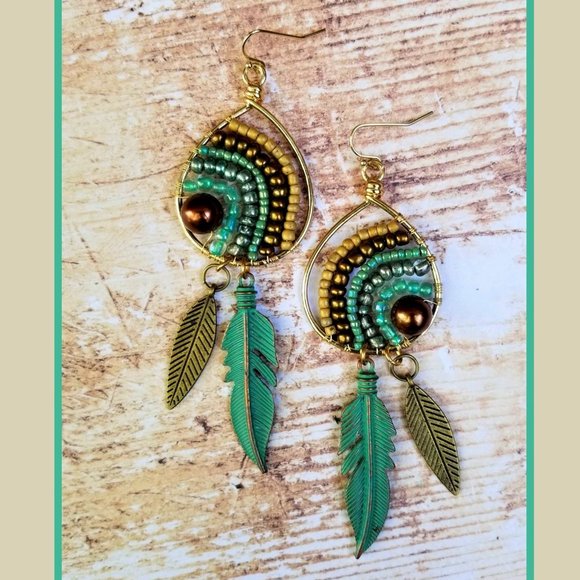 Artisan Hand Crafted Earrings Gold Teardrop Hoop Aqua Beige Brown Beaded Pierced - Picture 6 of 9